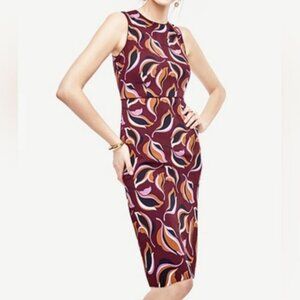 Ann Taylor Burgundy Midi Dress with Pink and Orange Abstract Print